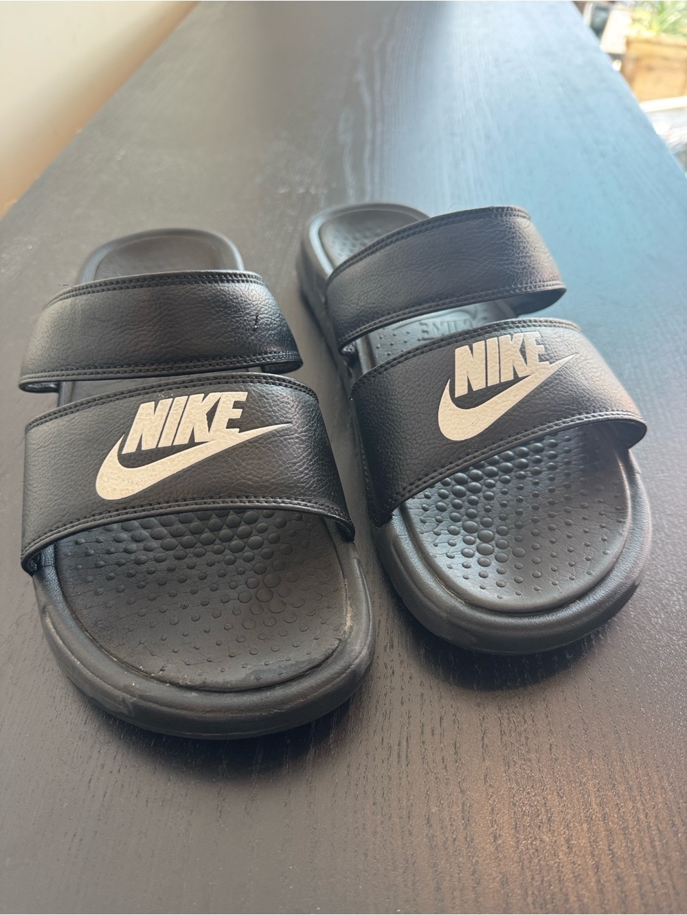 Nike Black unisex Double-Strap Slide Sandals with White Logo